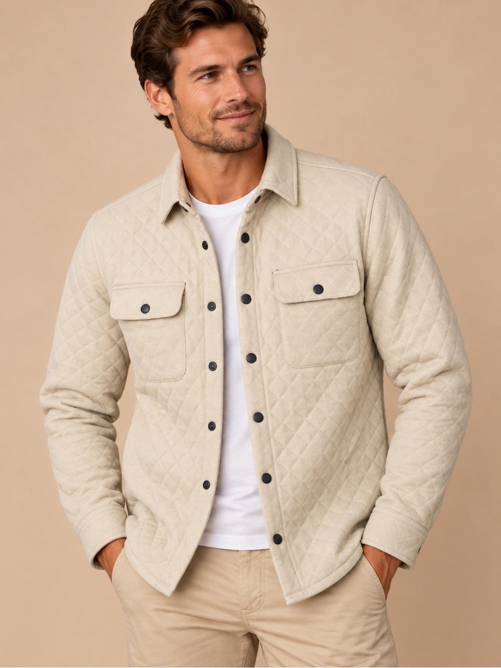 Men’s Cream Diamond Quilted Snap Front Shacket Size M